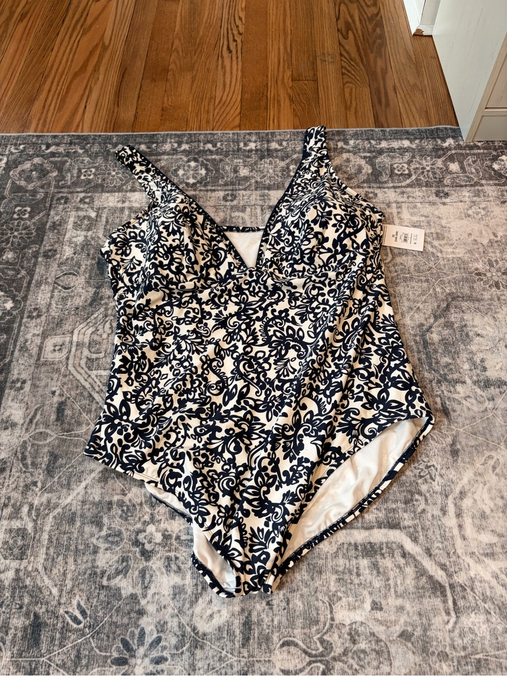 Time and Tru Navy and White Floral One-Piece Swimsuit